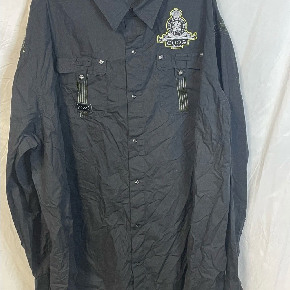 COOGI Shirt Mens 6XL Black Silver Button Down Long Sleeve Logo Embroidered Y2K